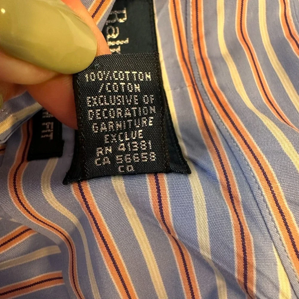 Ralph Lauren Men's 17.5- 34/35 Button Shirt‎ Long Sleeve Striped Blue